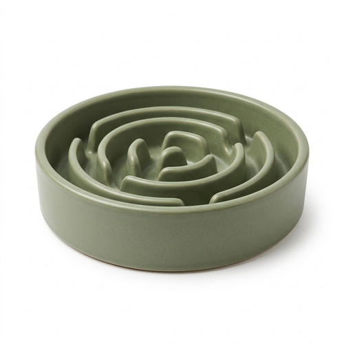 Sage green pet slow feeder bowl on a white background