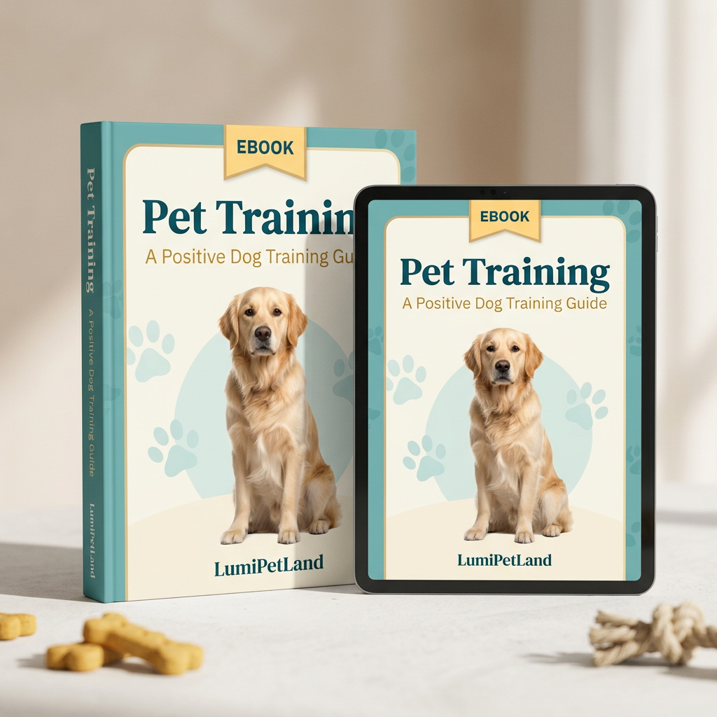 Pet Training ebook and tablet mockup with an English cover and a golden retriever.