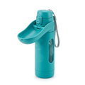Teal portable dog water bottle with integrated drinking trough on a white background