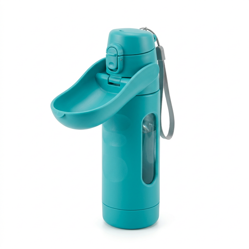 Teal portable dog water bottle with integrated drinking trough on a white background